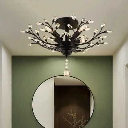 Black wrought iron decorbites crystal chain pendant chandelier with crystal accents and dangling beads for indoor decor