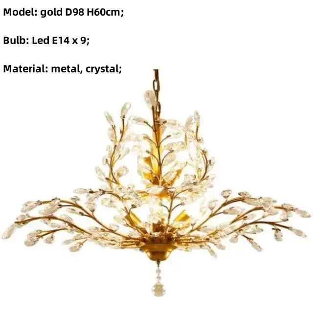 Gold-colored decorbites crystal chain pendant chandelier with intricate crystal branches and dangling crystal pendant for indoor decor