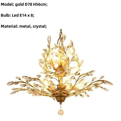 Gold-colored decorbites crystal chain pendant chandelier with intricate metalwork and clear crystal leaves for indoor decor
