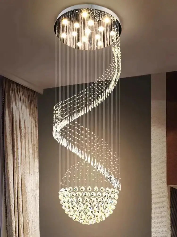 Decorbites crystal chain pendant light chandelier with cascading crystal droplets and warm led lights for living room and staircase