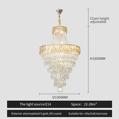 Decorbites crystal chandelier featuring multi tiered k9 crystals with electroplated gold accents for elegant spaces