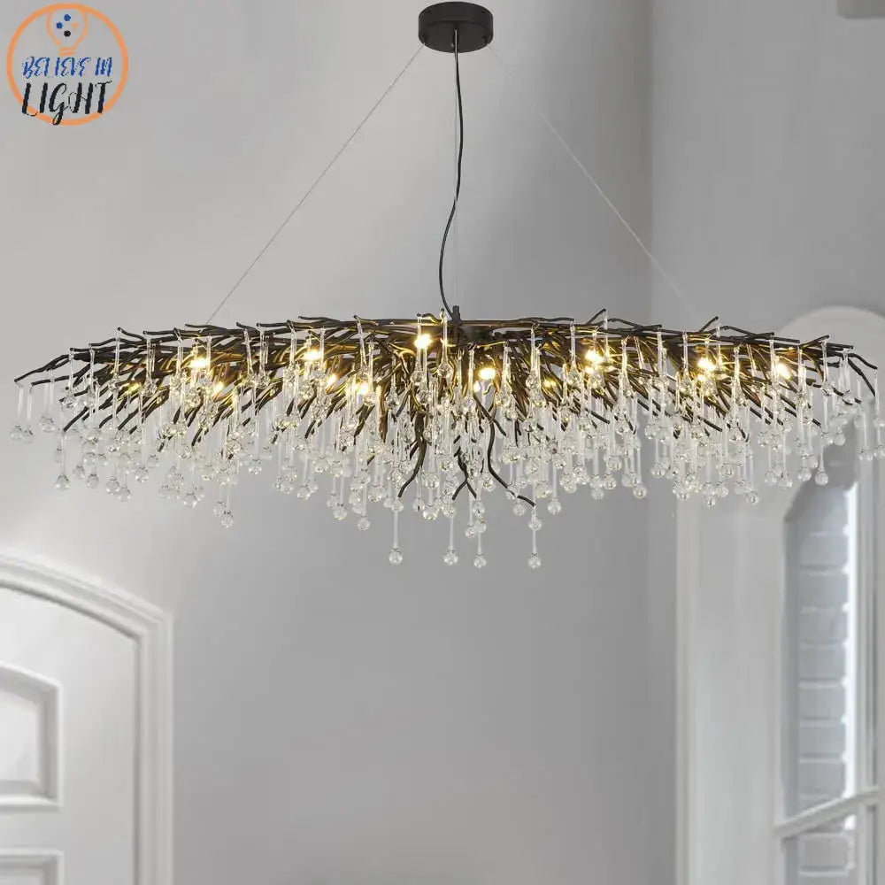 Elegant black wrought iron decorbites crystal chandelier with cascading crystal droplets and warm led lights for living room