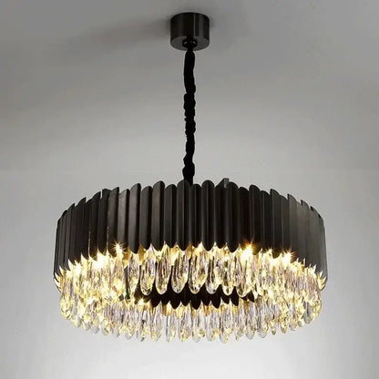 Black metal DecorBites crystal chandelier with cascading clear crystal droplets pendant light for living room or bedroom