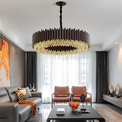 Decorbites crystal chandelier pendant light with dark brown ribbed frame and cascading golden crystal droplets for living room