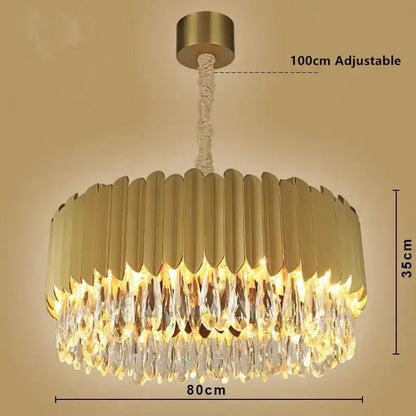 Gold-toned decorbites crystal chandelier pendant light with circular metal frame and cascading clear crystal droplets for living room