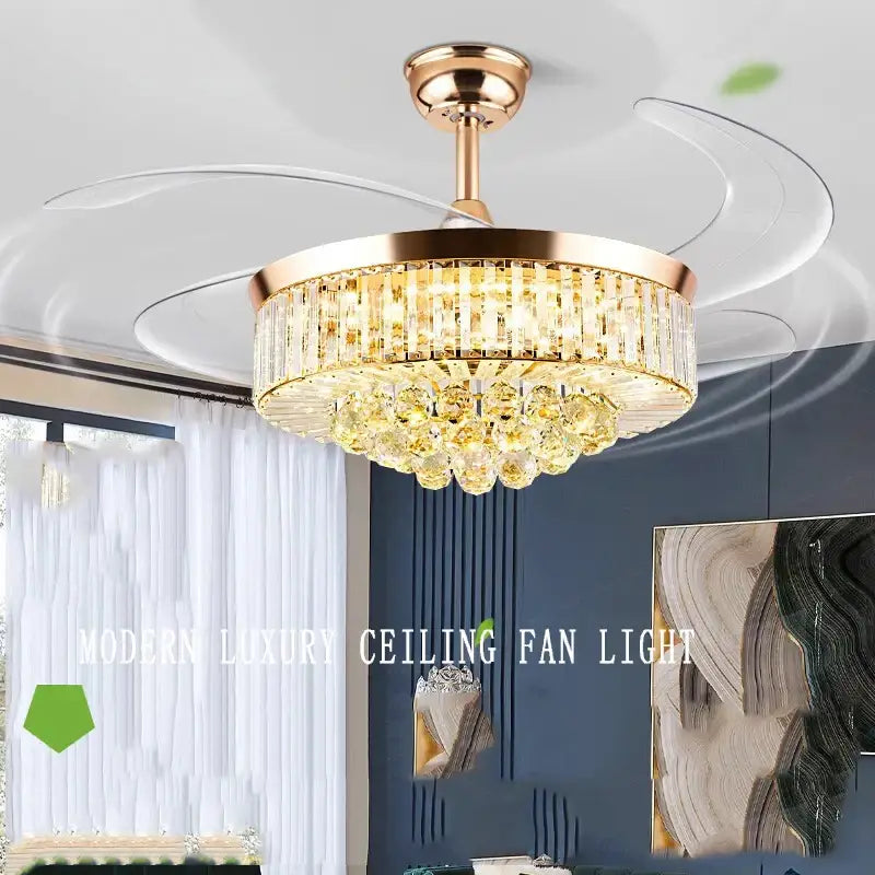 Gold-toned decorbites crystal chandelier ceiling fan with dimmable LED lighting and cascading faceted crystals circular design