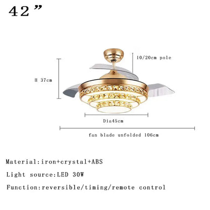 Gold-toned DecorBites crystal chandelier ceiling fan with 42-inch diameter, crystal accents, dimmable LED lighting, and remote control