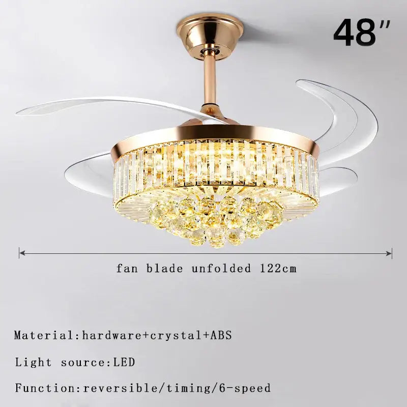DecorBites crystal chandelier ceiling fan with 48-inch clear acrylic blades gold hardware and dimmable LED lighting
