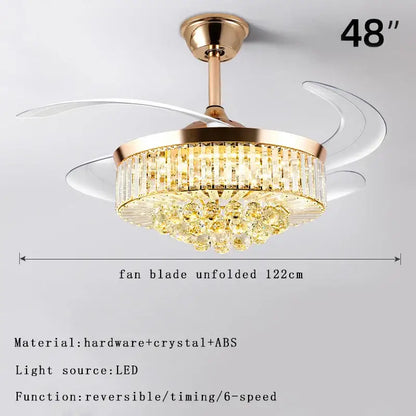 DecorBites crystal chandelier ceiling fan with 48-inch clear acrylic blades gold hardware and dimmable LED lighting