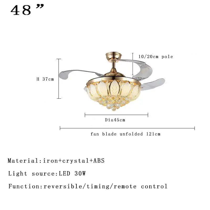 48-inch decorbites crystal chandelier ceiling fan with gold iron frame, translucent abs blades, and dimmable led lighting