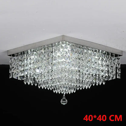 DecorBites™ crystal chandelier ceiling lamp with square silver frame and cascading clear faceted crystals for home decor