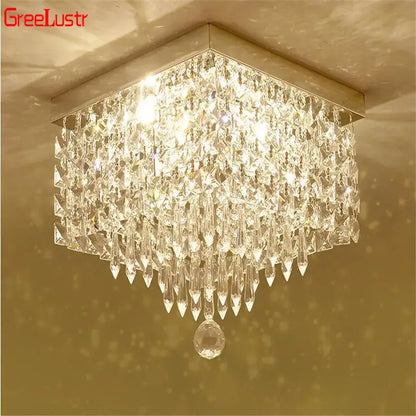 DecorBites crystal chandelier ceiling lamp with square frame and cascading faceted glass prisms for home decor