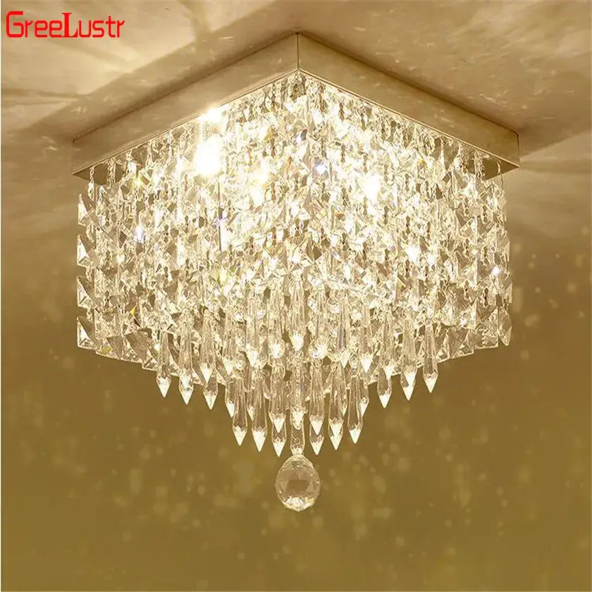DecorBites crystal chandelier ceiling lamp with square frame and cascading faceted glass prisms for home decor