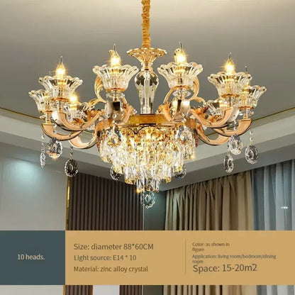 Golden DecorBites crystal chandelier ceiling light with crystal accents and ten illuminated heads for living and dining rooms