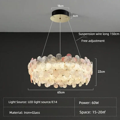 Decorbites crystal chandelier ceiling light with translucent pink and white glass petals for living room and hotel use