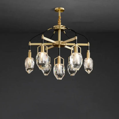 A decorbites crystal chandelier ceiling light with gold-toned metal frame and five faceted crystal glass shades