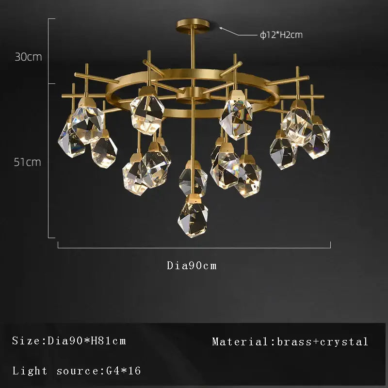 Gold-toned brass decorbites crystal chandelier ceiling light with faceted crystal droplets for living room and dining area