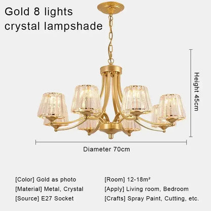 Gold decorbites crystal chandelier with eight crystal lampshades and metallic frame for modern chandelier ceiling lights