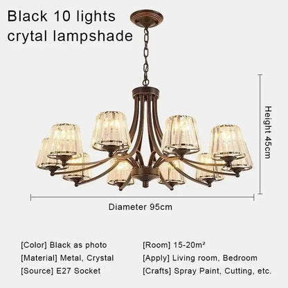 Black metal DecorBites crystal chandelier with ten crystal lampshades for modern living spaces chandelier ceiling lights