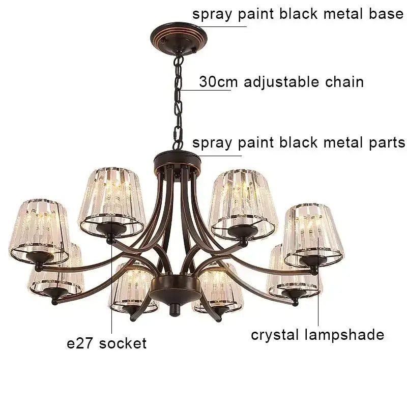 DecorBites crystal chandelier with black metal frame and ten crystal lampshades for modern living spaces ceiling lights