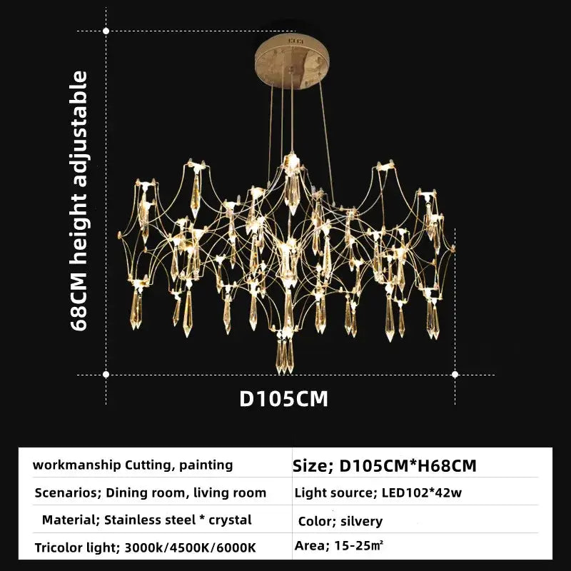 A silvery decorbites crystal chandelier pendant light with spiderweb design made of stainless steel and crystal for home lighting