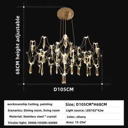 A silvery decorbites crystal chandelier pendant light with spiderweb design made of stainless steel and crystal for home lighting