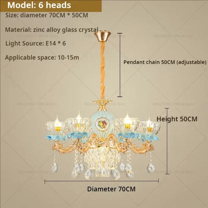 DecorBites crystal chandelier with blue glass orb and gold metal arms featuring crystal candle-style lamps for living room lighting