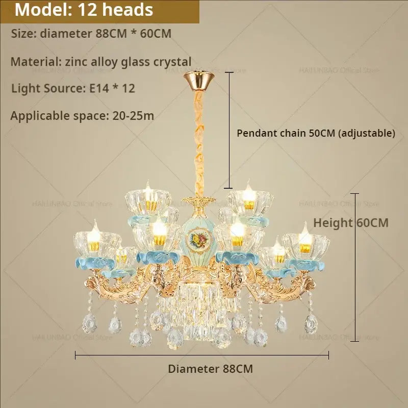 Elegant 12-head decorbites crystal chandelier with gold-toned metal arms and light blue accented glass shades for living room luxe lighting