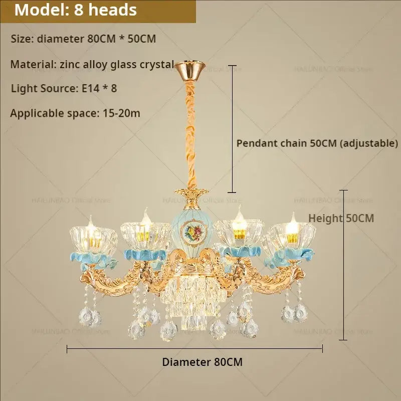 Ornate gold and blue crystal chandelier with eight light fixtures from decorbites crystal chandelier collection for living room luxury lighting