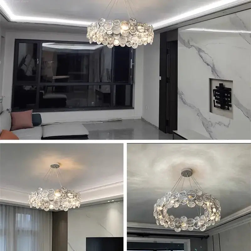 DecorBites™ crystal chandelier chrome pendant light fixture with clear glass orbs for modern luxury decor