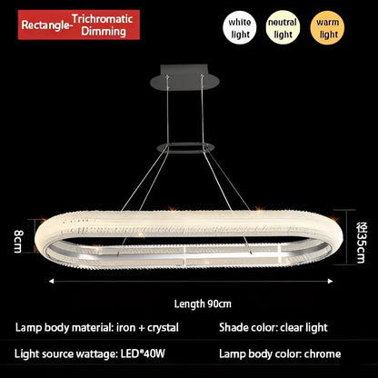 Chrome-finished crystal chandelier with oval shape and trichromatic dimming for decorbites modern luxury decor