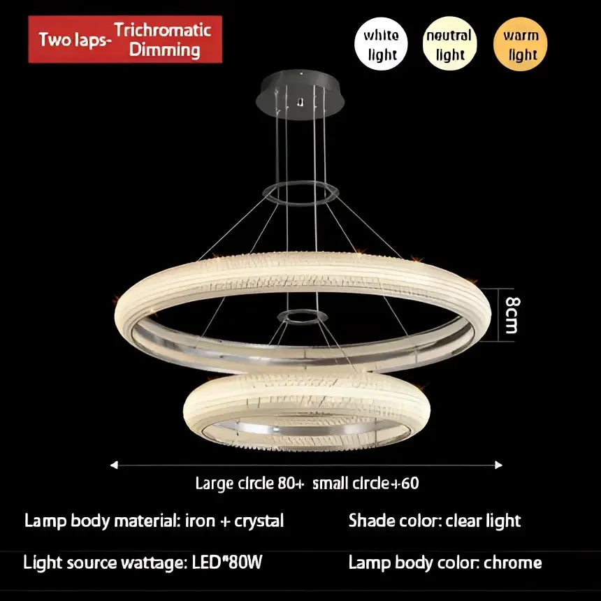 DecorBites modern luxury crystal chandelier chrome finish double-ring with LED trichromatic dimming ceiling light
