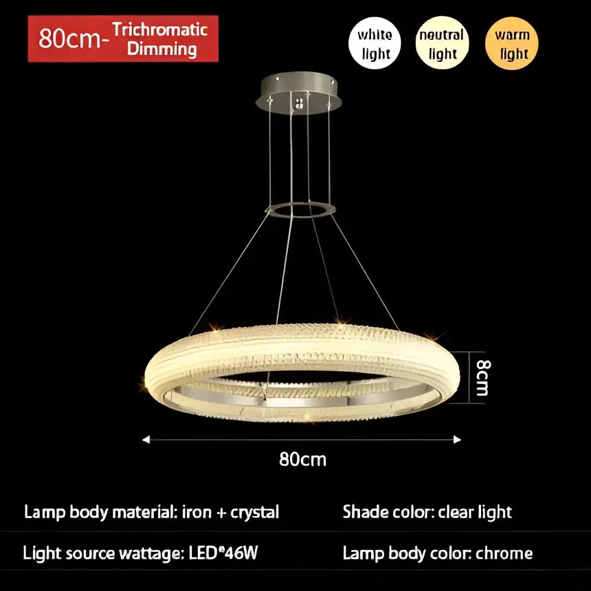 DecorBites modern luxury 80cm trichromatic dimmable crystal chandelier with chrome iron and clear light illumination
