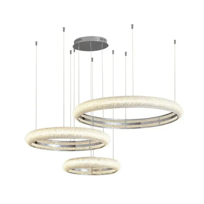 Modern tiered pendant light with three crystal-encrusted rings and polished chrome frame in decorbites modern luxury style chandelier