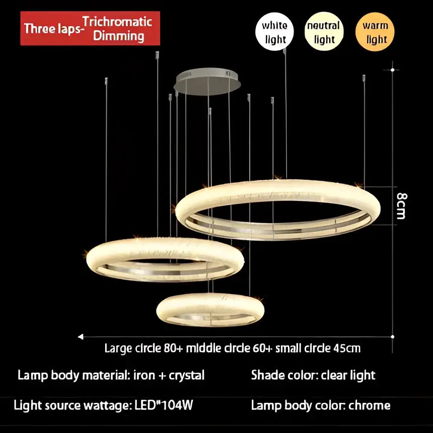 Chrome finished three-tiered circular crystal chandelier with trichromatic dimming for decorbites modern luxury décor
