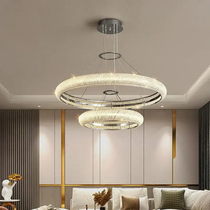 Modern double-ring crystal chandelier with chrome finish and LED lights for decorbites modern luxury décor