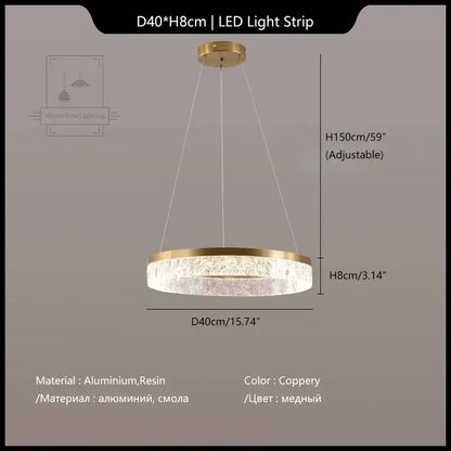 Coppery circular DecorBites crystal chandelier pendant light with textured resin ring and aluminum frame for dining decor