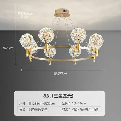 Gold-toned decorbites crystal chandelier with eight dandelion-shaped crystal lights for luxe living spaces