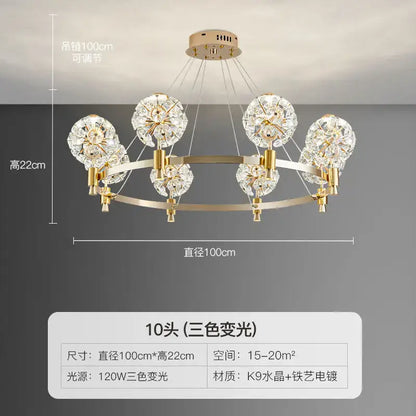 Gold-toned decorbites crystal chandelier with ten crystal globe lights in a dandelion design for luxe living spaces