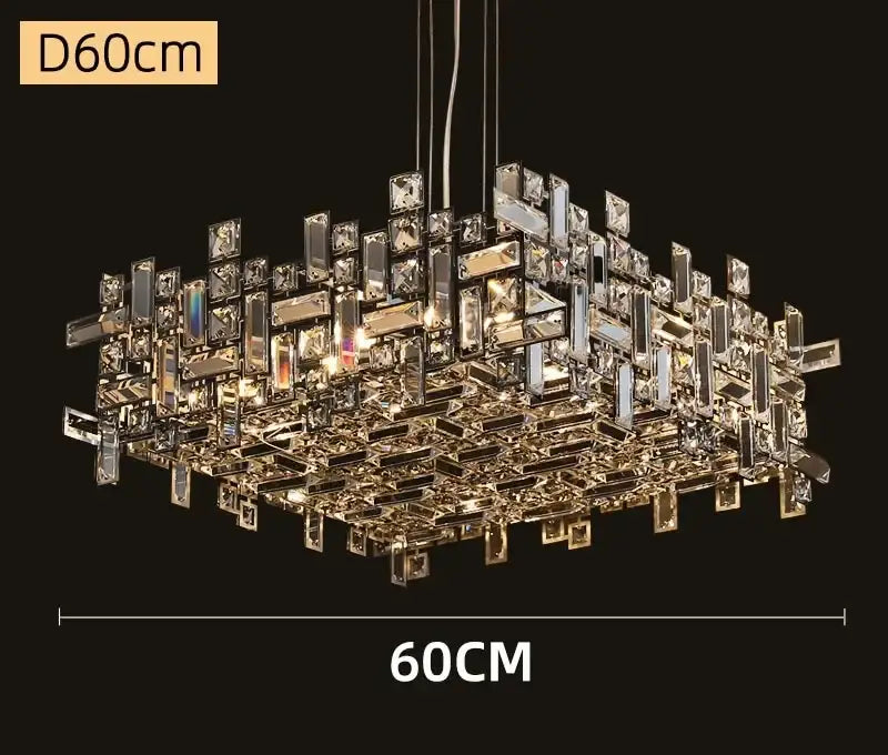 DecorBites crystal chandelier with clear and gold crystal prisms in a layered design for living room and dining table