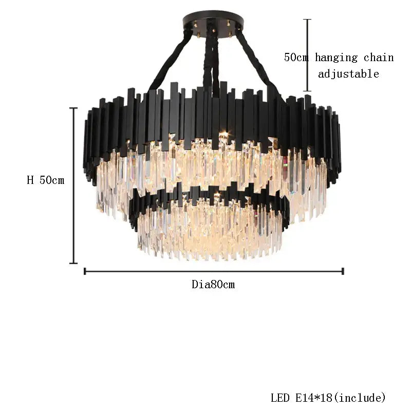 Decorbites crystal chandelier in dimmable black and clear crystal with gold stainless steel and modern tiered design
