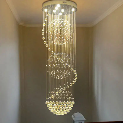 A modern decorbites crystal chandelier with cascading clear glass beads and circular ceiling mount for hotel and villa halls