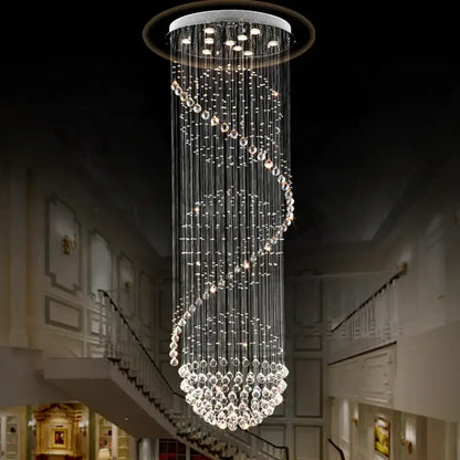 A modern decorbites crystal chandelier with cascading crystal beads and embedded lights for hotel and villa halls