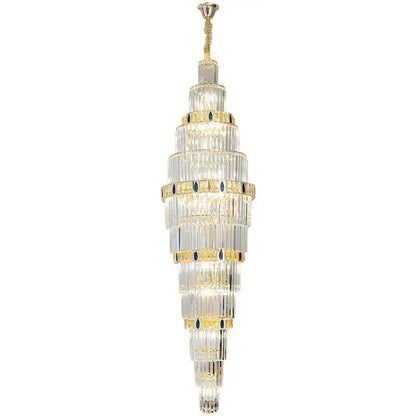 Decorbites crystal chandelier featuring tall tiered design with gold accents and blue gemstones for luxury lighting