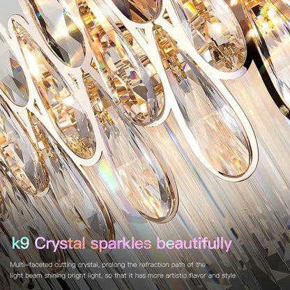DecorBites crystal chandelier with cascading gold-toned k9 crystal pendants for duplex spiral staircase lighting