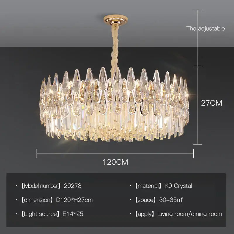 Luxurious decorbites crystal chandelier with 120cm diameter gold-toned fixture and cascading k9 crystal teardrops