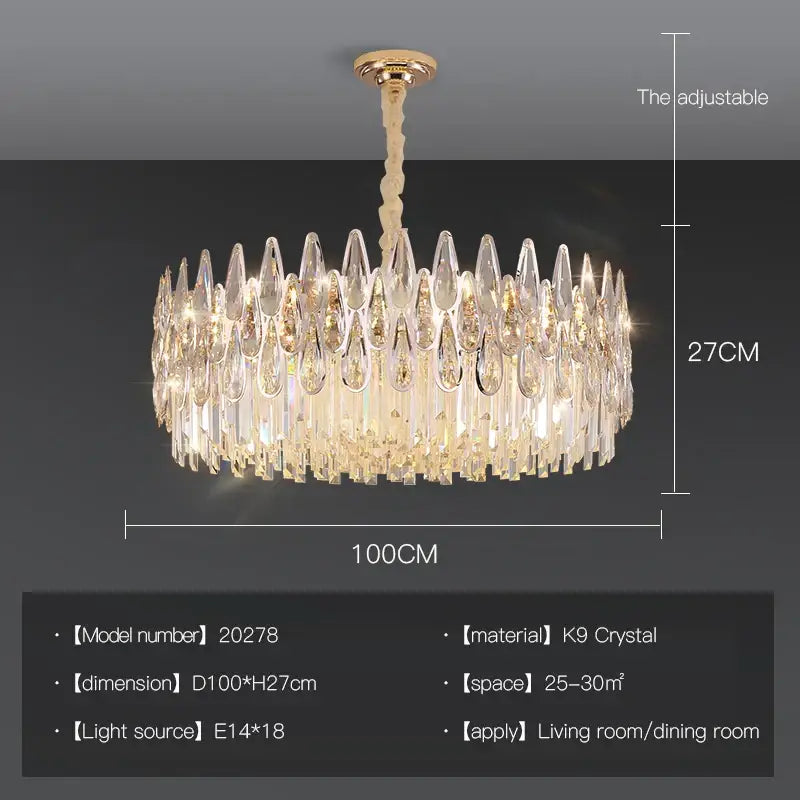 Luxurious decorbites crystal chandelier with 100cm diameter gold-toned mount and cascading k9 crystal teardrop pendants