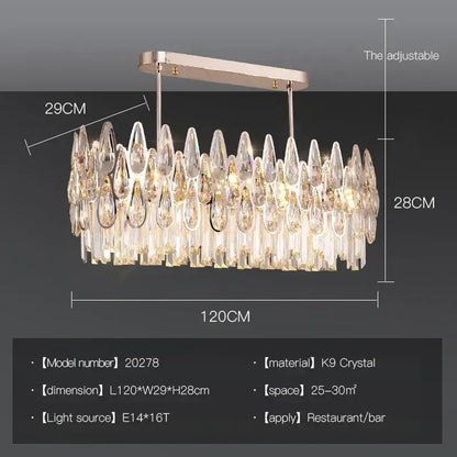 A decorbites crystal chandelier with cascading k9 crystal teardrop pendants on a rose gold oval frame