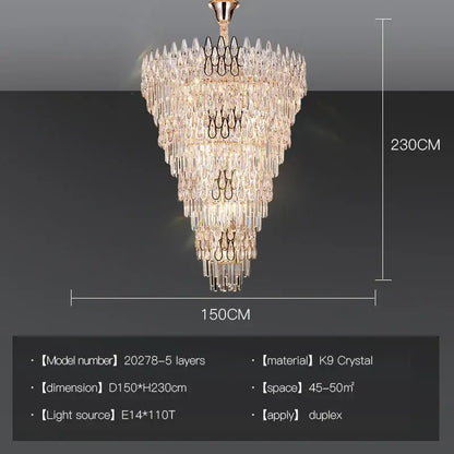 DecorBites crystal chandelier with cascading k9 crystals and gold-toned frame for luxury duplex staircase lighting