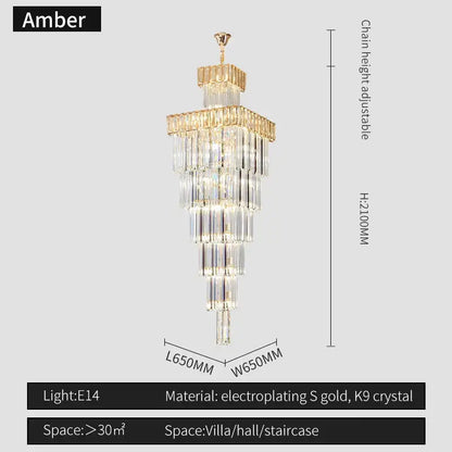 Amber decorbites crystal chandelier with tiered cascading crystal strands and gold-plated metal frame for villa staircase